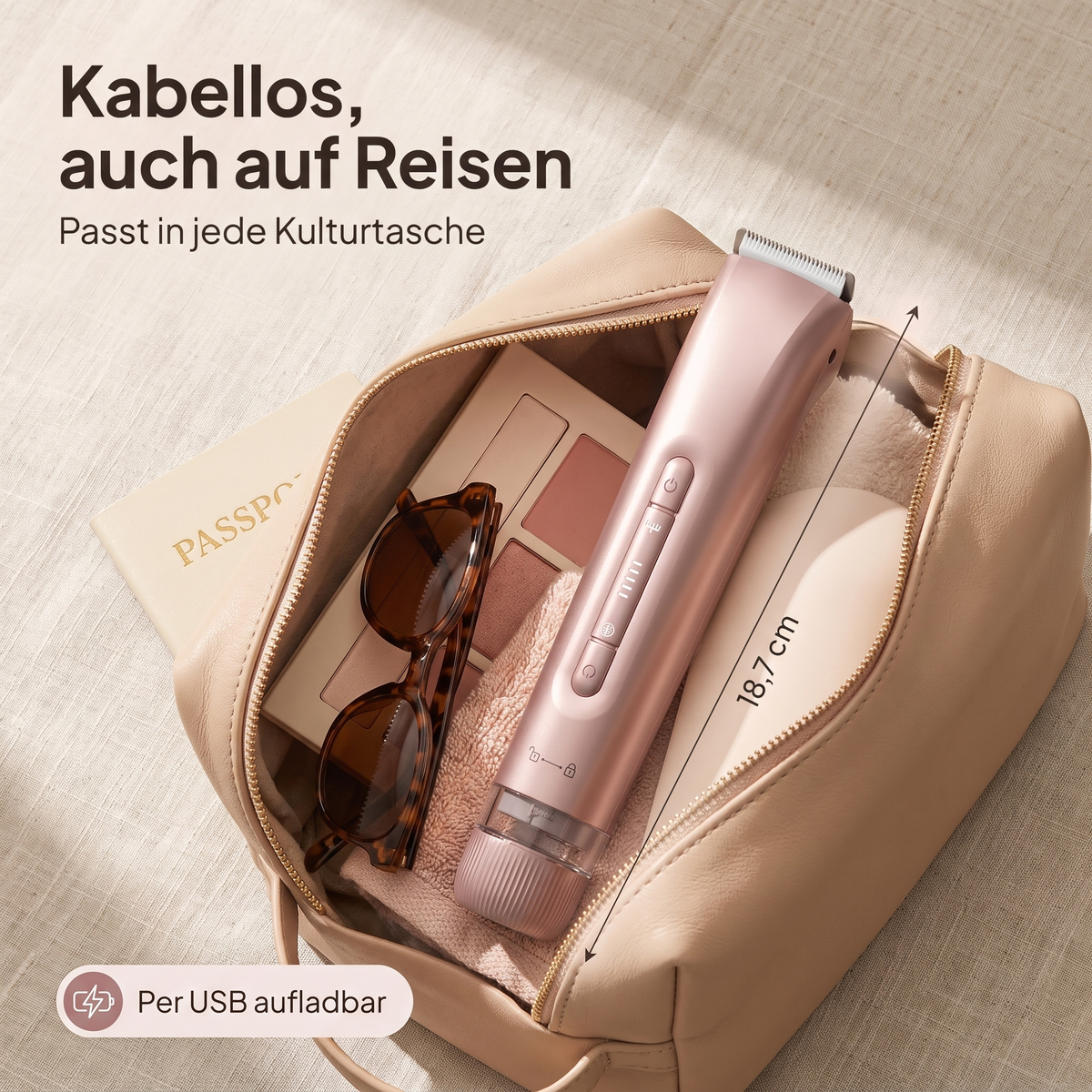 CalmGlide Damentrimmer kabellos in der Kulturtasche