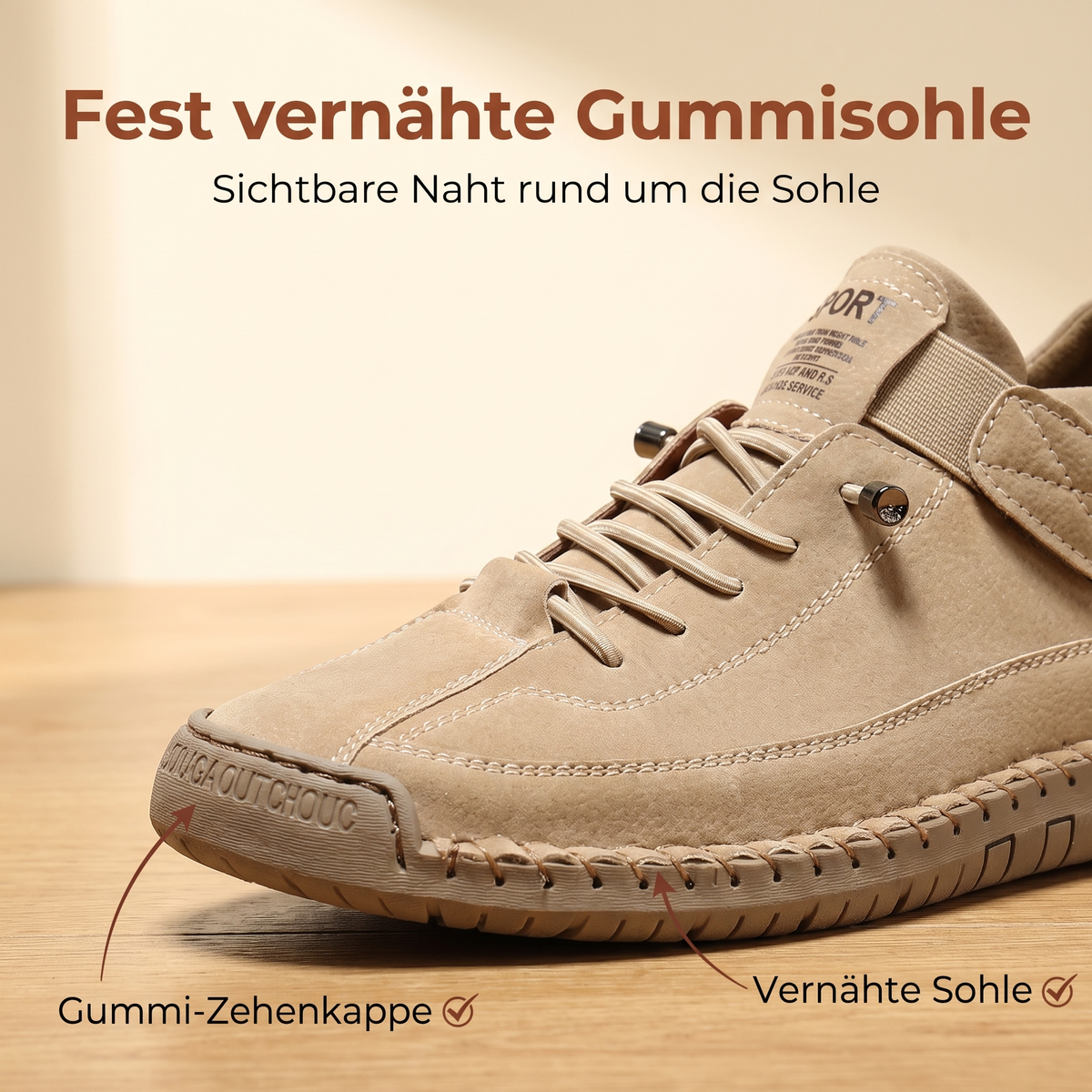 Fest vernähte Gummisohle mit sichtbarer Naht