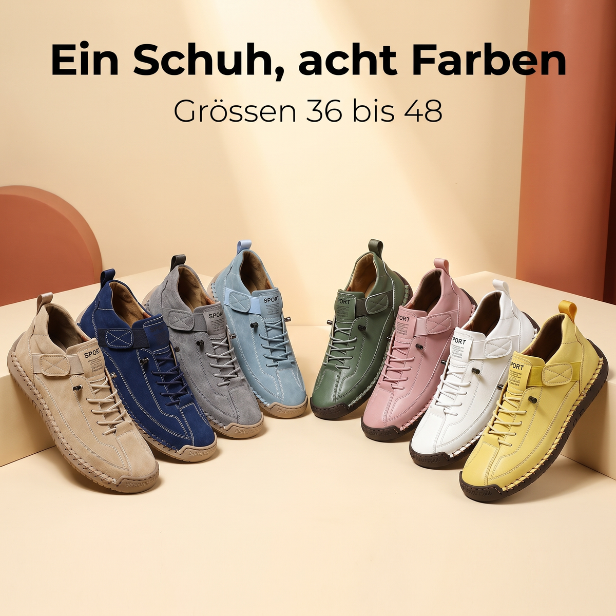 Ein Schuh, acht Farben – Grössen 36 bis 48