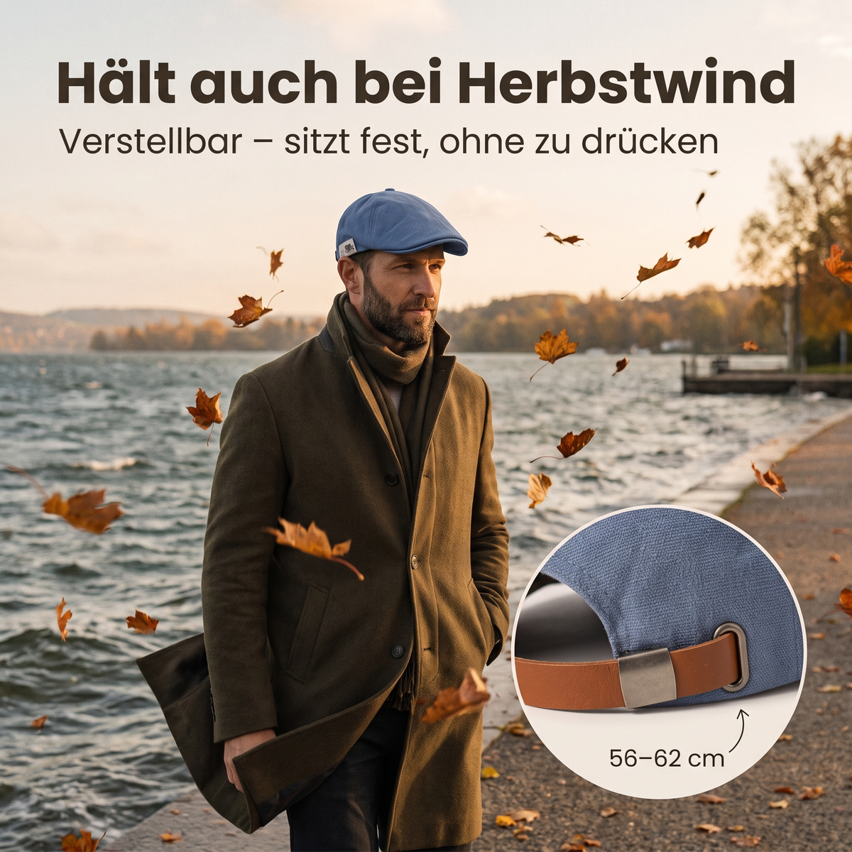 SlimCrown Schiebermütze in Staubblau – hält auch bei Herbstwind, verstellbarer Lederriemen