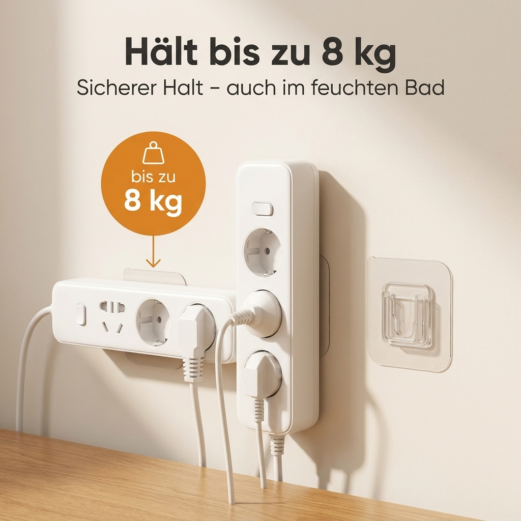 Klebehaken hält Steckdosenleiste – bis zu 8 kg