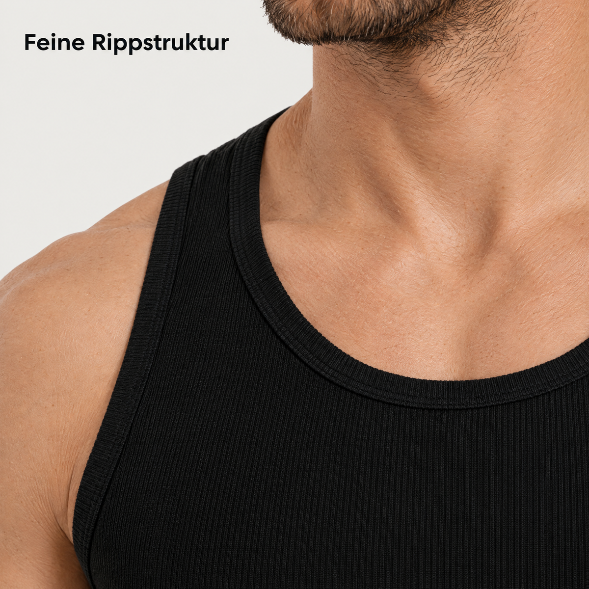 Smart Fit Tank Top in Schwarz, Nahaufnahme der Rippstruktur am Ausschnitt