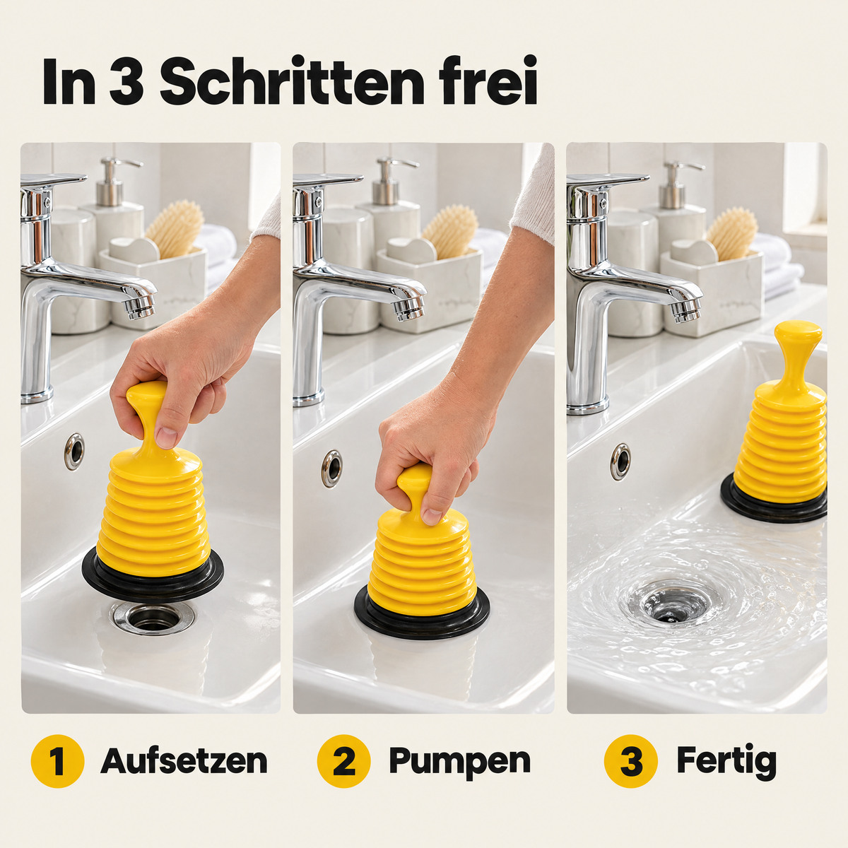 FlowBack Entstopfer – Anwendung in 3 Schritten: aufsetzen, pumpen, fertig