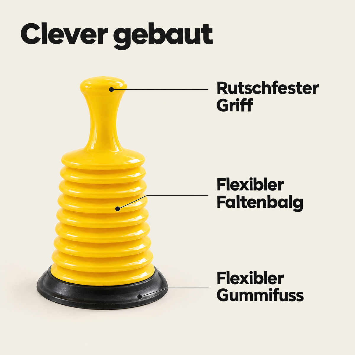 FlowBack Entstopfer Details: rutschfester Griff, flexibler Faltenbalg, flexibler Gummifuss