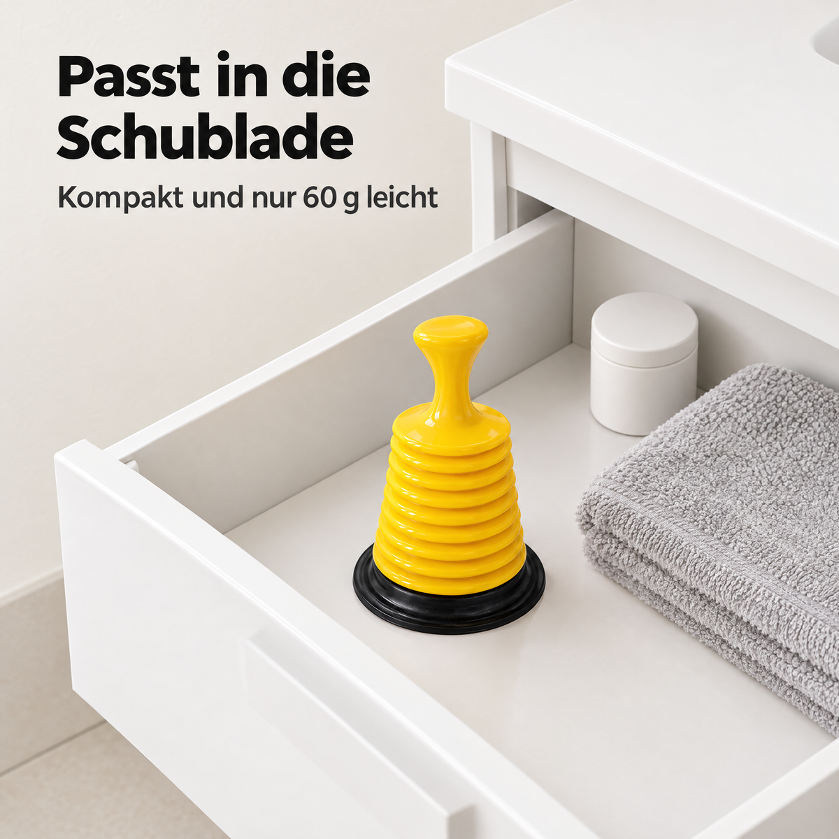 FlowBack Entstopfer passt in die Schublade – kompakt und 60 g leicht