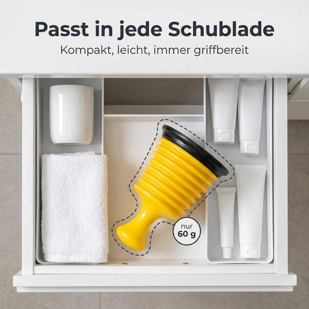 FlowBack Entstopfer in der Badschublade – passt in jede Schublade