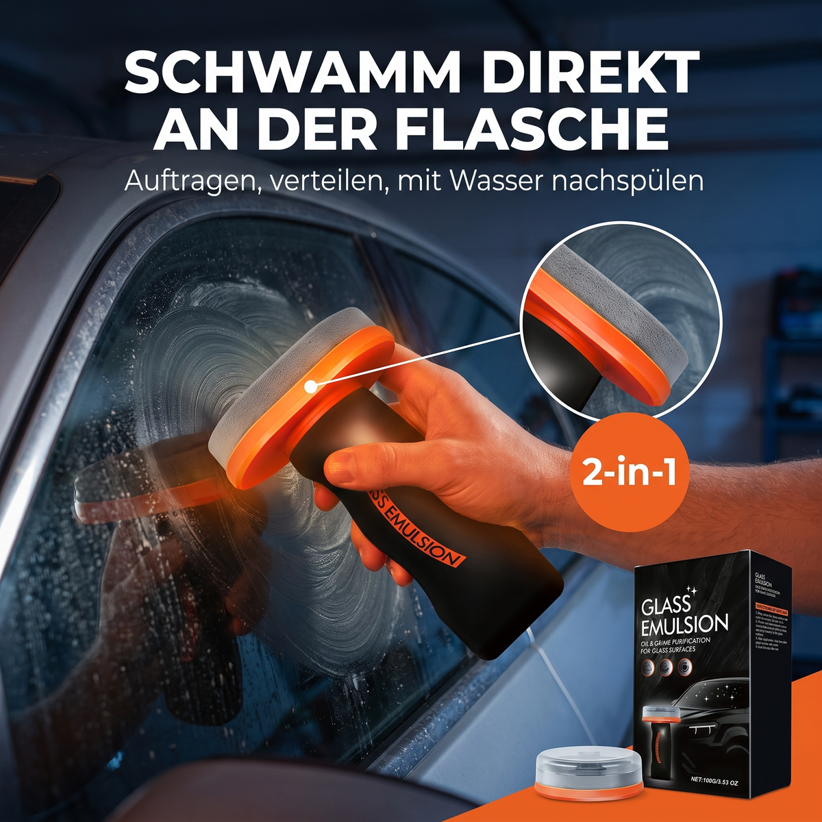 NightClear Ölfilm-Entferner – Schwamm direkt an der Flasche